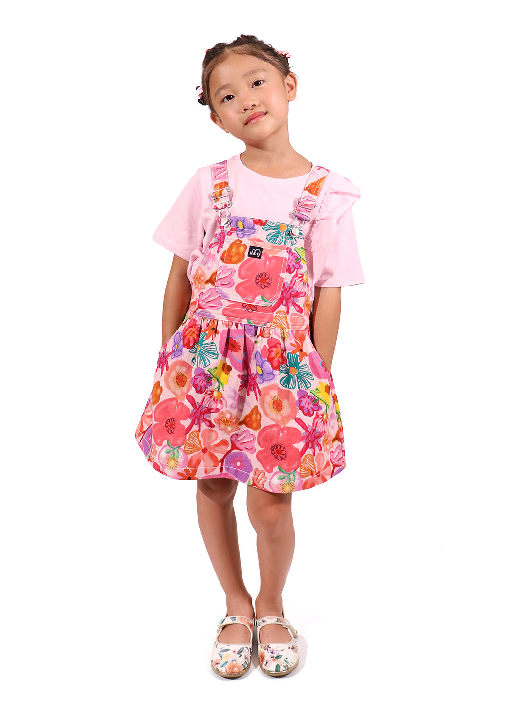 Pinafore overalls in Pink Floral Print