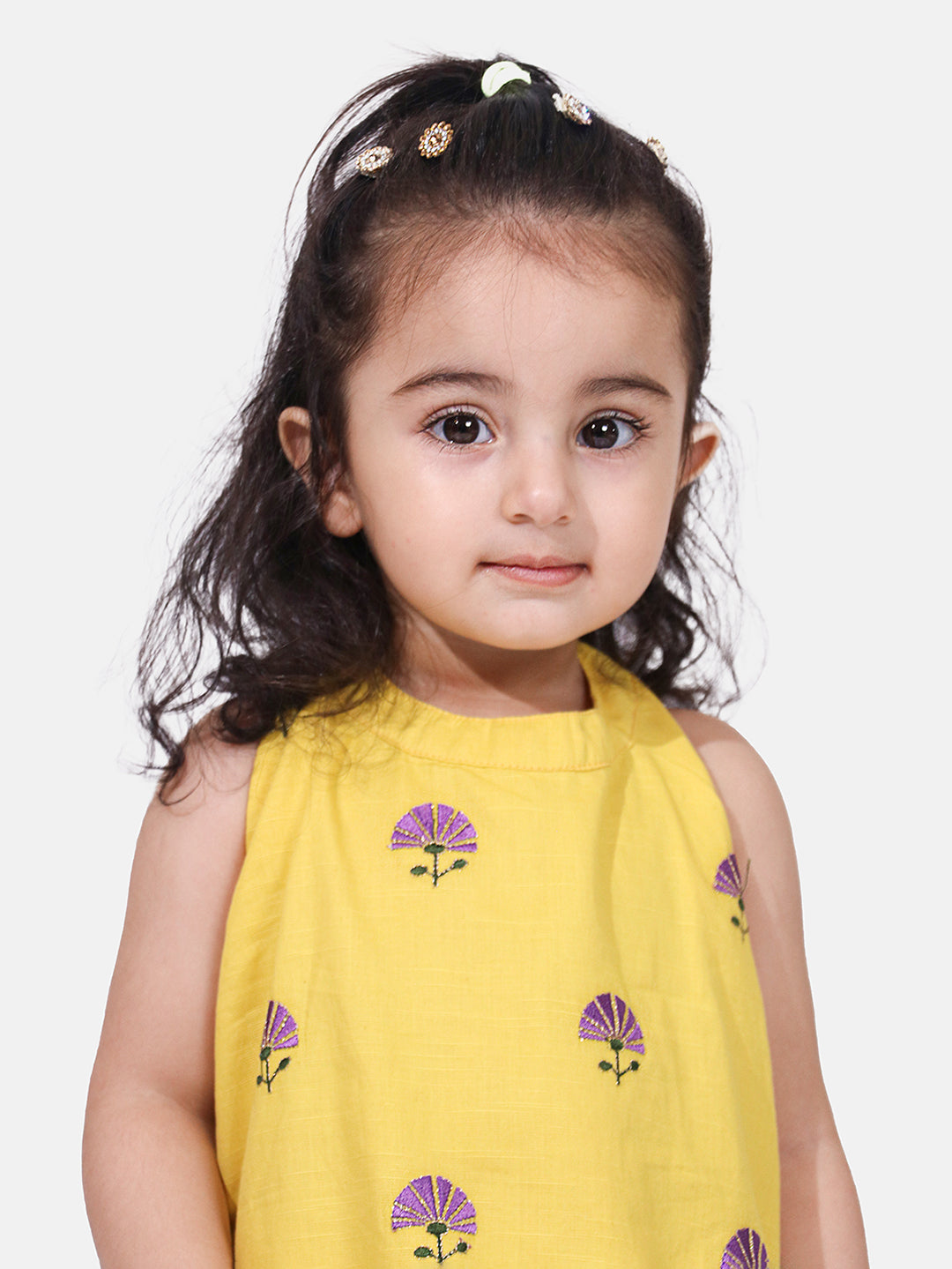 Girls Yellow Floral Kurta with Dhoti