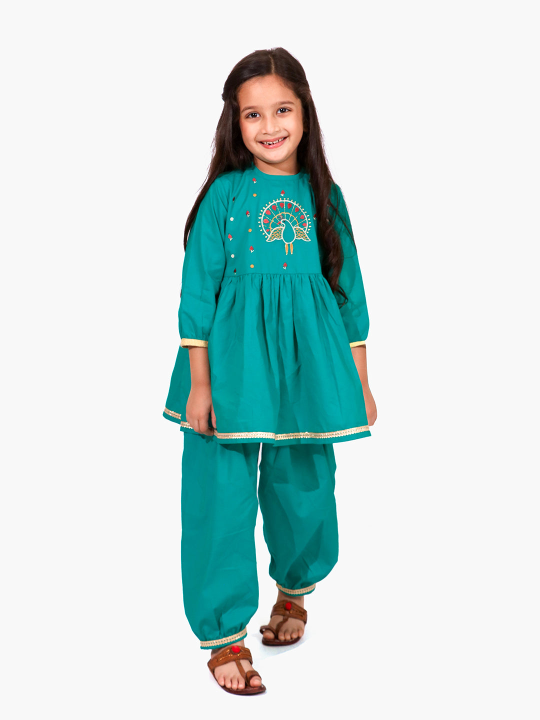 Girls Green Peacock Embroidered Kurta with Salwar