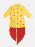 Boys Yellow Turtle Embroidered Kurta with Dhoti