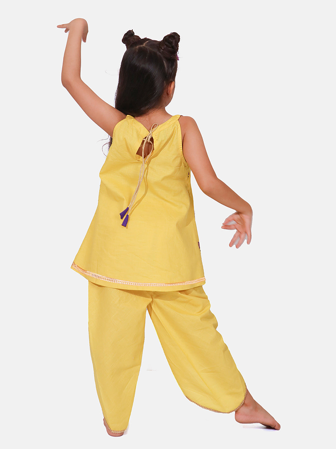 Girls Yellow Floral Kurta with Dhoti